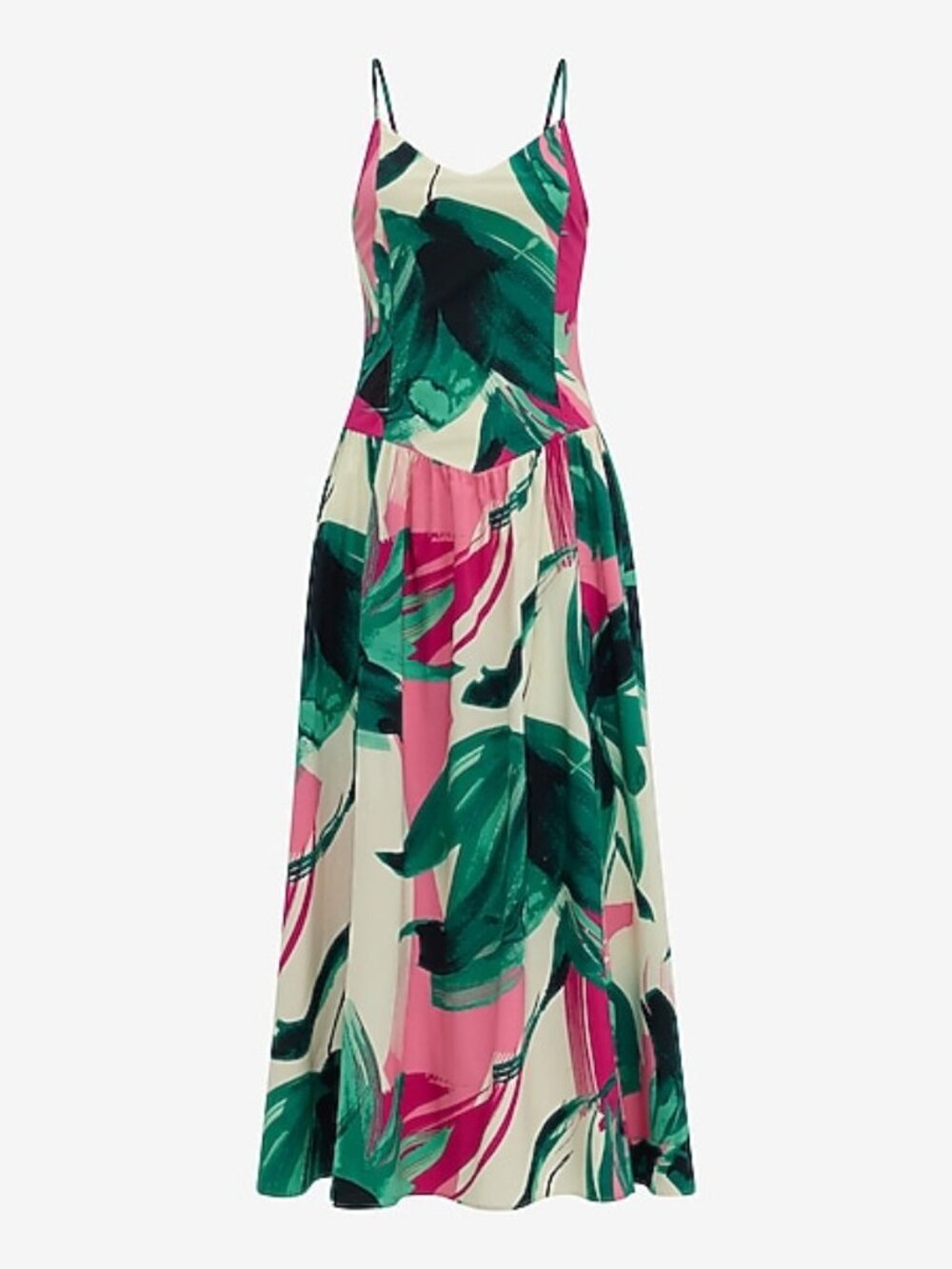Express Poplin Printed V-Neck Drop Waist Maxi Fit and Flare Dress NWT XS